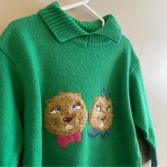 *Rare* Vintage O12 Benetton Wool 3/4 Sleeve Sweater w Chipmunk Characters - Picture 3 of 16